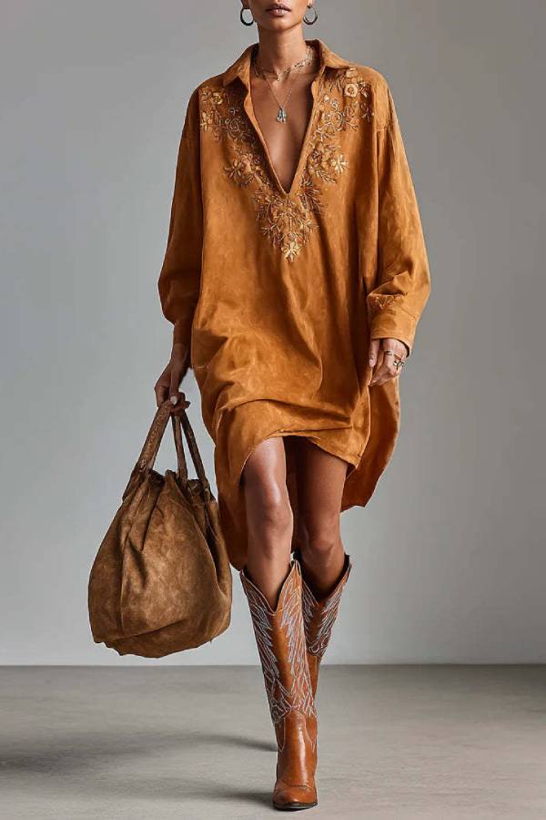 loose-fitting shirt dress with floral embroidery on the collar