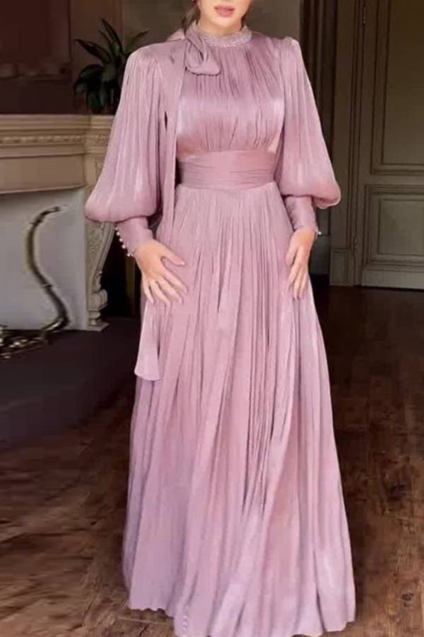 Retro court style puff sleeve waist-cinching pleated evening gown