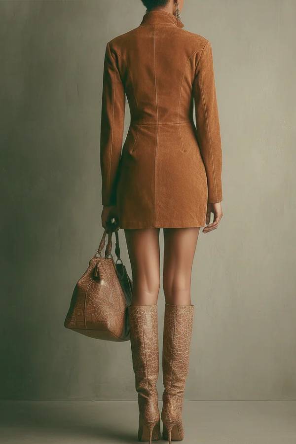 Brown Faux Suede Stand Collar Zipper Mini Dress