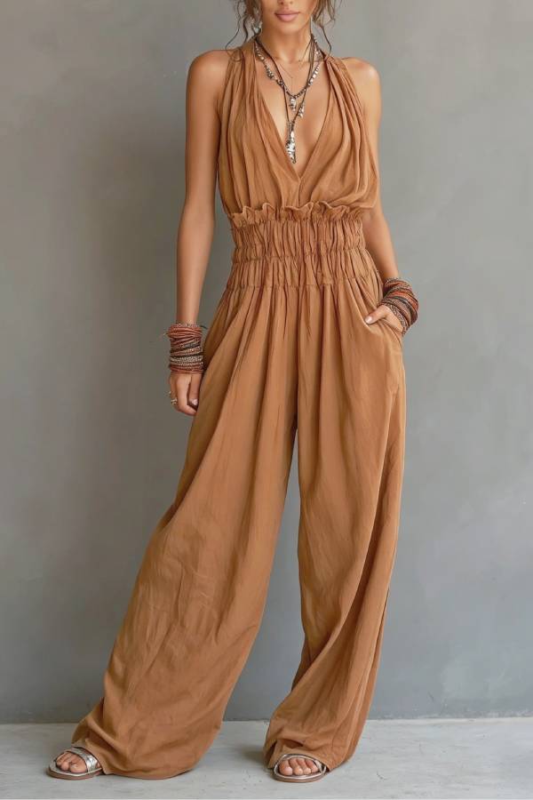 Bohemian Halter Deep V-Neck Smocked Waist Wide-Leg Jumpsuit