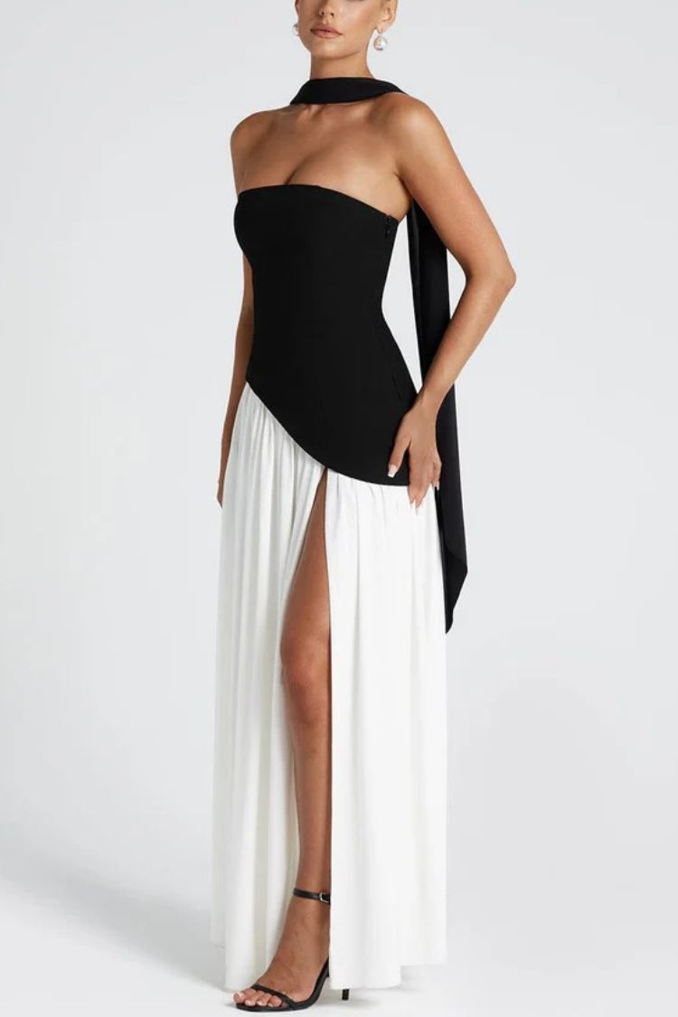 Black and White Contrast Scarf Irregular Slit Maxi Dress