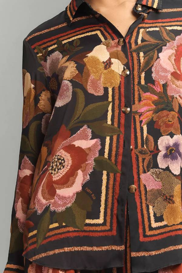 Farm Rio Chenille Flowers Long-Sleeve Buttondown Blouse