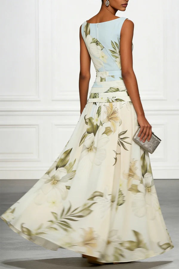Classic Floral Print Boat Neck Ruched Waist Sleeveless A-Line Maxi Dress