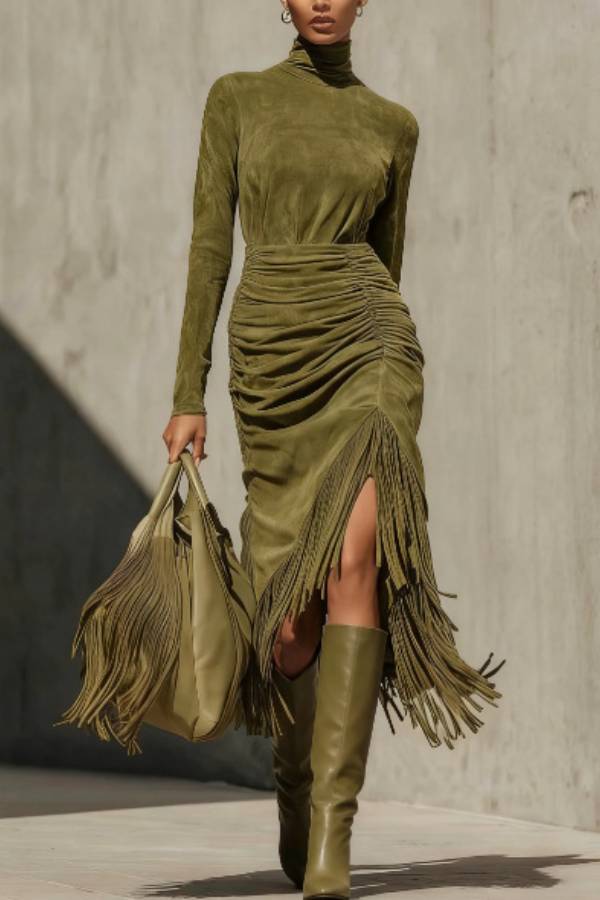 High-Neck Ruched Dress with Tassel Trim