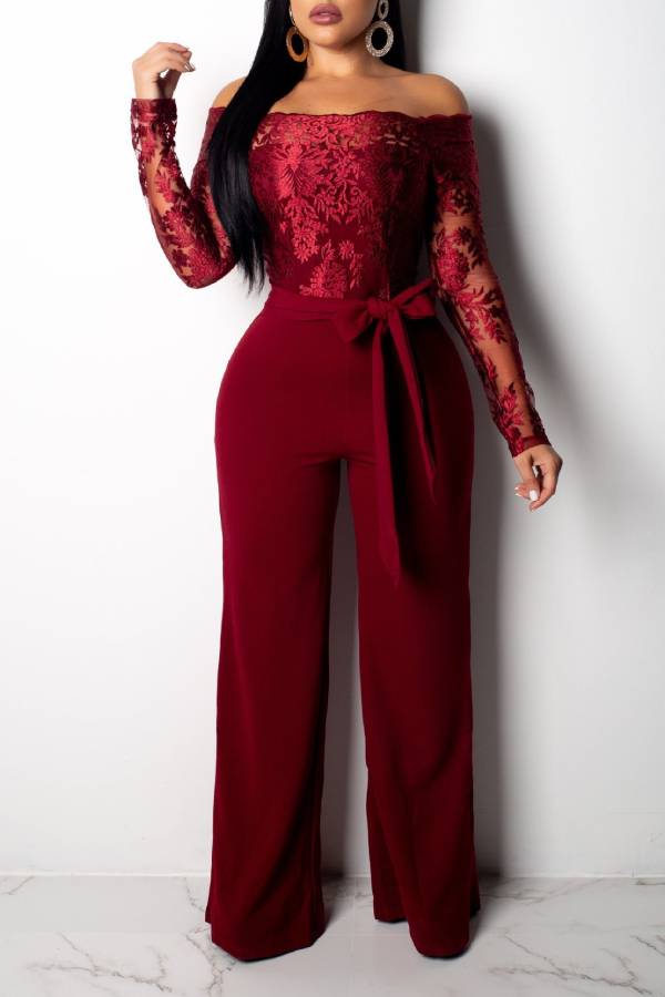 Off-the-shoulder lace wide-leg jumpsuit