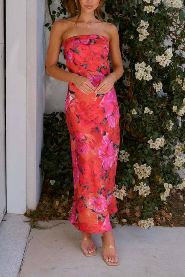 Strapless Satin & Print Fitted Maxi Dress