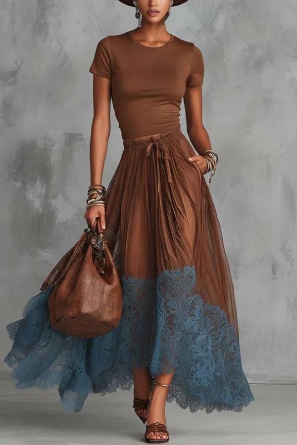 Cropped Fitted T-Shirt & Color-Block Lace-Trimmed Mesh Maxi Skirt Set