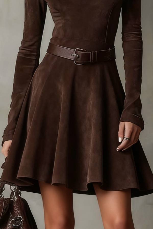 Vintage Dark Brown Suede Mock Neck Mini Dress