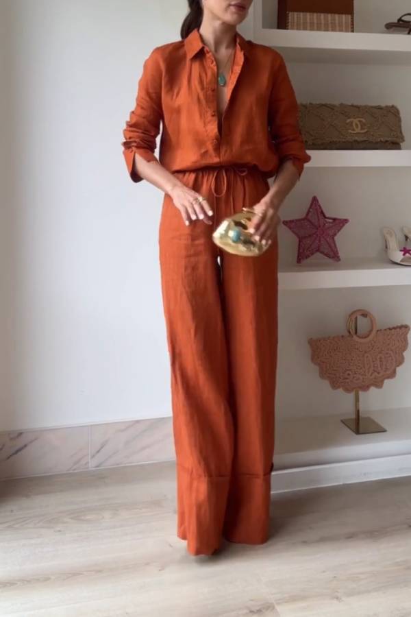 Two-piece set of linen loose-fitting wide-leg pants with shirt collar
