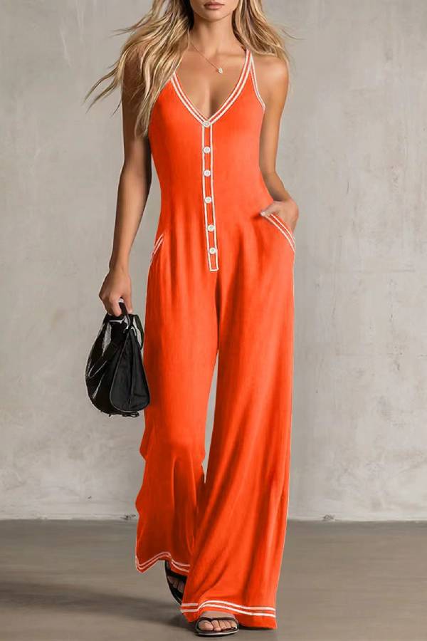 Contrast White Trim V-Neck Spaghetti Strap Single Button Draped Wide Leg Jumpsuit