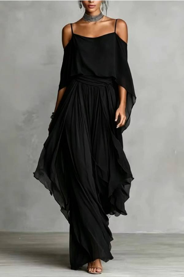 Grey off-shoulder flowy camisole and trousers chiffon set