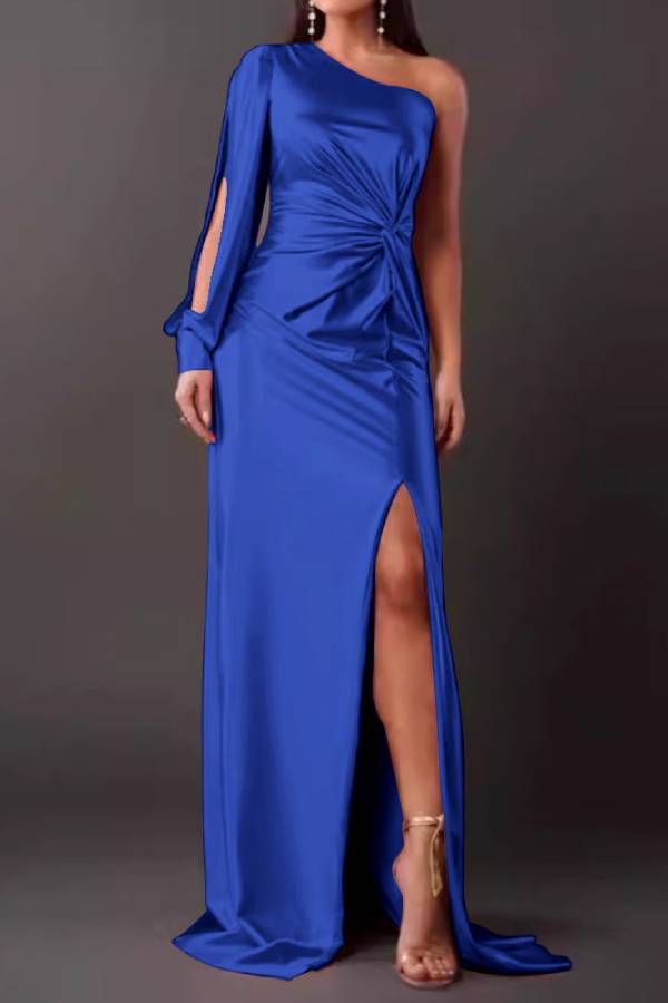 One-shoulder satin twisted high-slit maxi dress