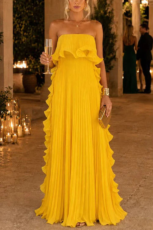 Strapless Tube Ruffle Pleated Swing Maxi Dress