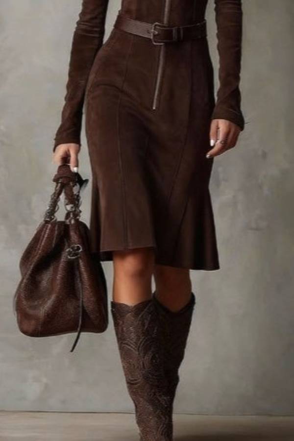 Brown Vintage Zipper Belted Midi Dress