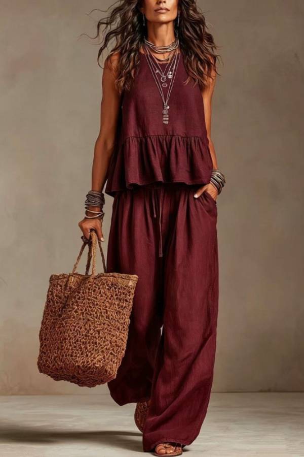 Sleeveless Ruffle Linen Top + Elastic Waist Wide-Leg Pants Set