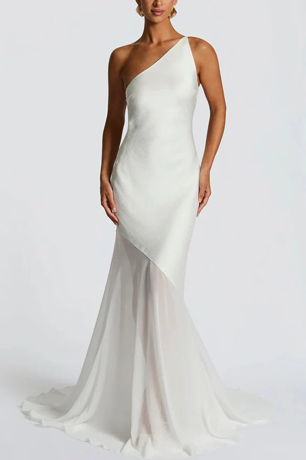 Fable Satin One Shoulder Back Adjustable Straps Contrast Chiffon Hem Maxi Dress