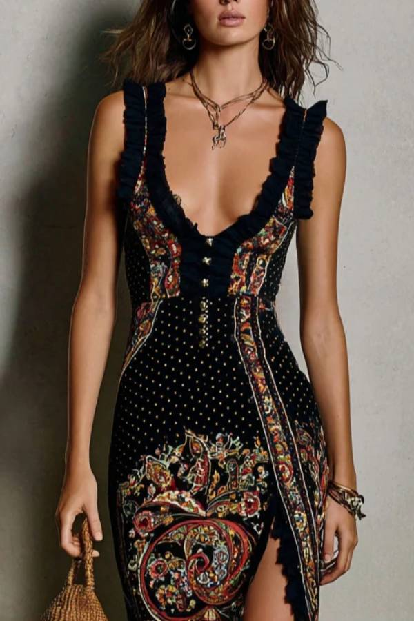 Bohemian-Style Printed Dress with Deep V-Neck and High Slit