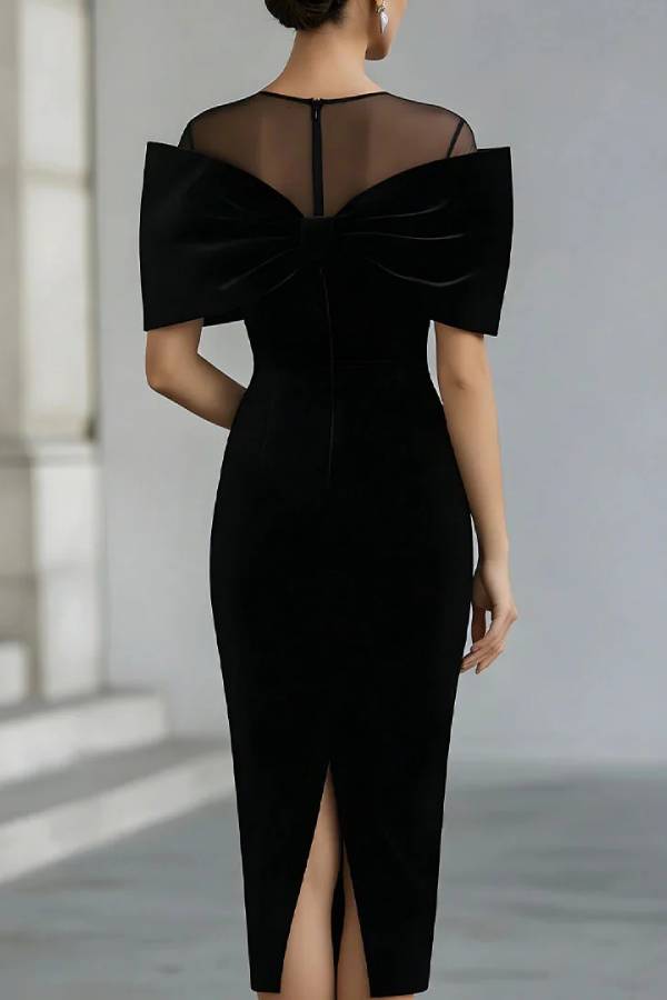 Dramatic Black Velvet Bow Midi Dress