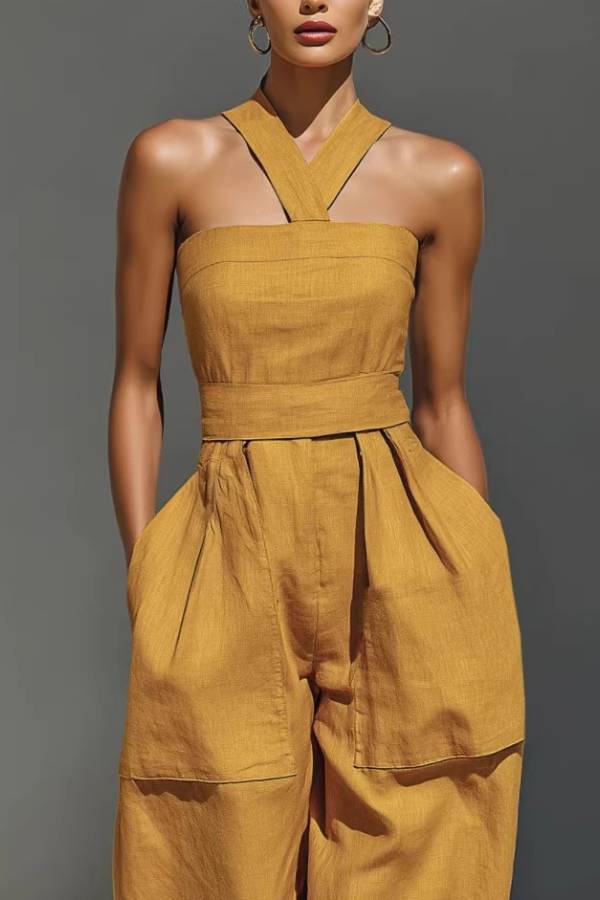 Cross Halter Bandeau Waistband Wide Leg Cargo Jumpsuit