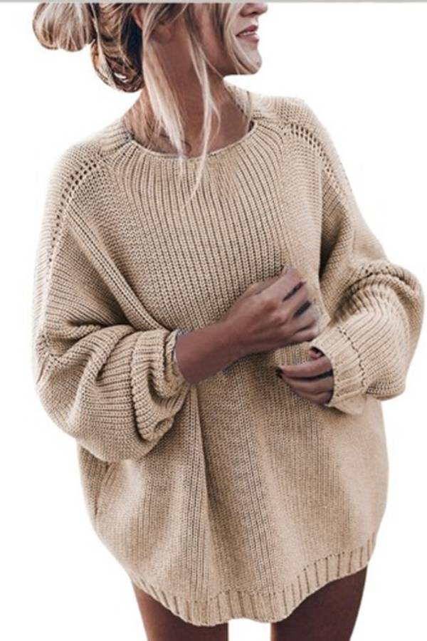 Loose lantern sleeve mid-length sweater
