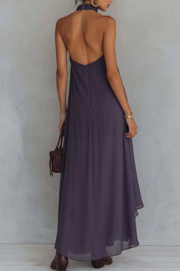 Boho Deep Purple Halter Embroidered Asymmetrical Dress