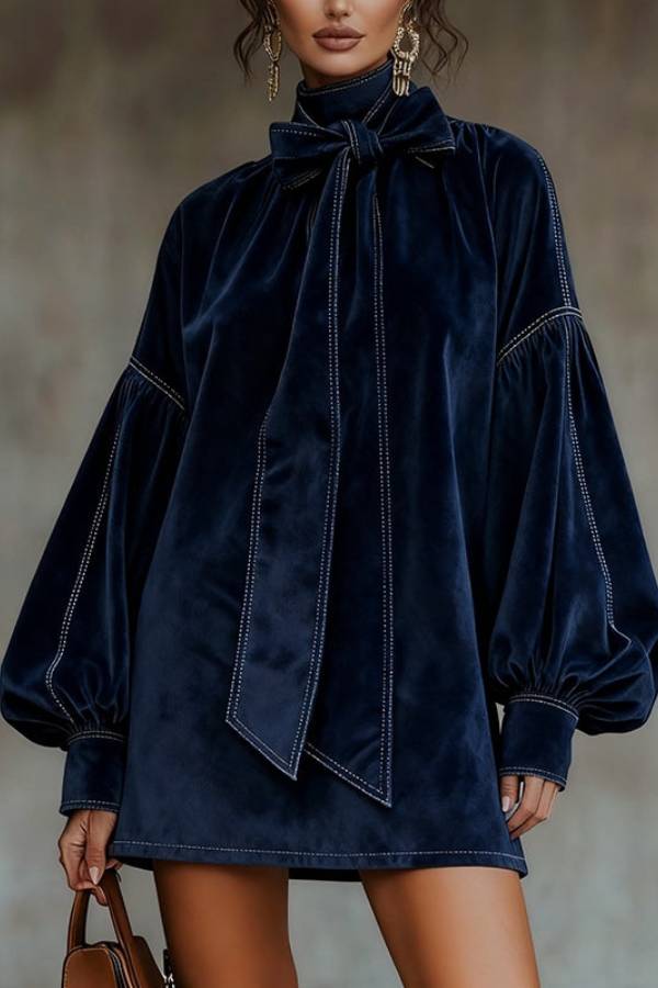 Dark Blue Velvet Bow Lantern Sleeve Mini Dress