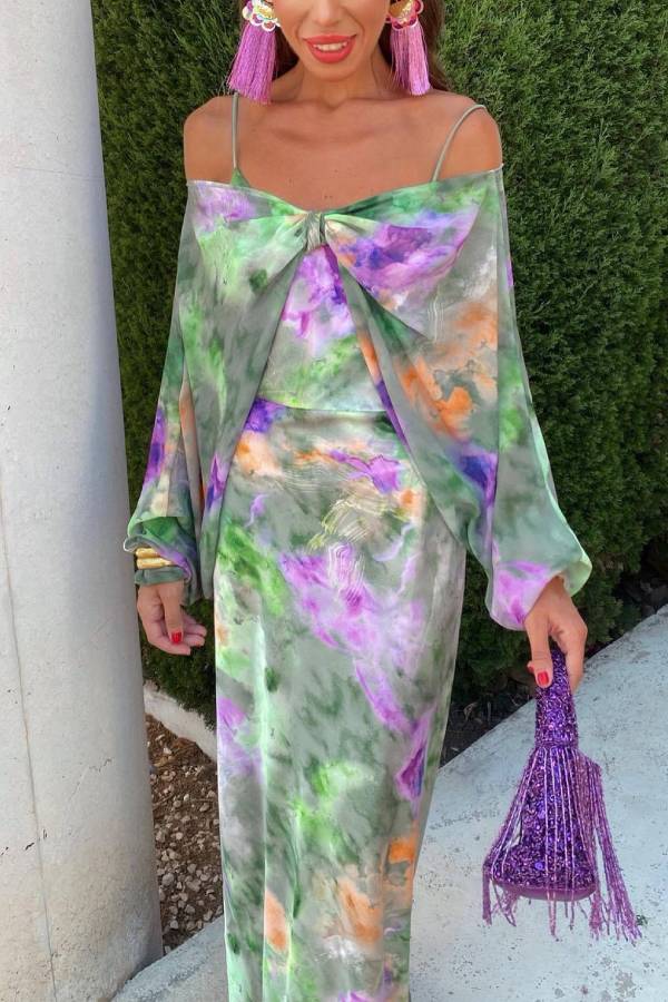 Artistic tie-dye off-shoulder bow suspender long dress two-piece set