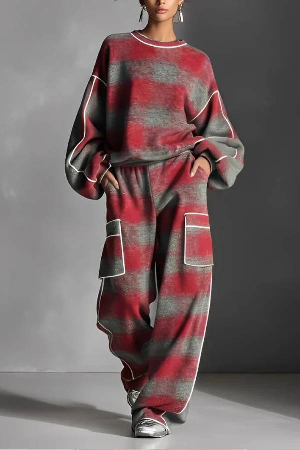 Red and Gray Plaid Color-blocked Sweatshirt and Casual Pants Two-piece set
