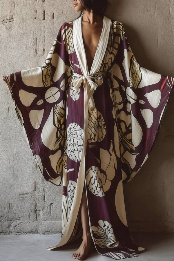 Retro Print Tie-Waist Loose Robe Cardigan