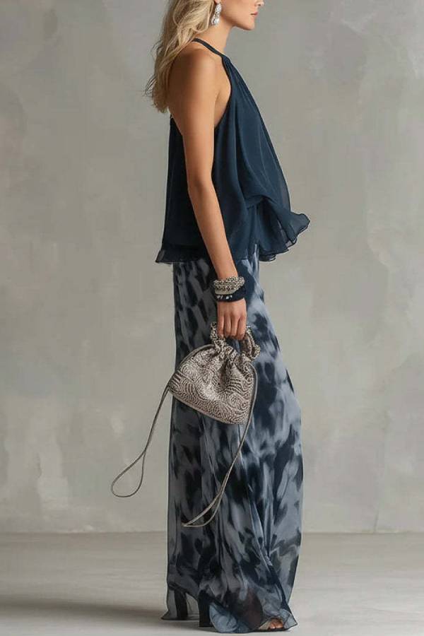 Navy Halter Chiffon Top + Tie-Dye Wide-Leg Pants Set