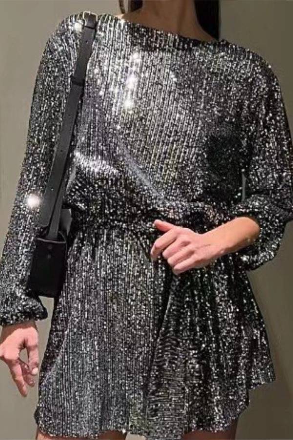 Sequined Tie-Waist Long-Sleeved Party Dress