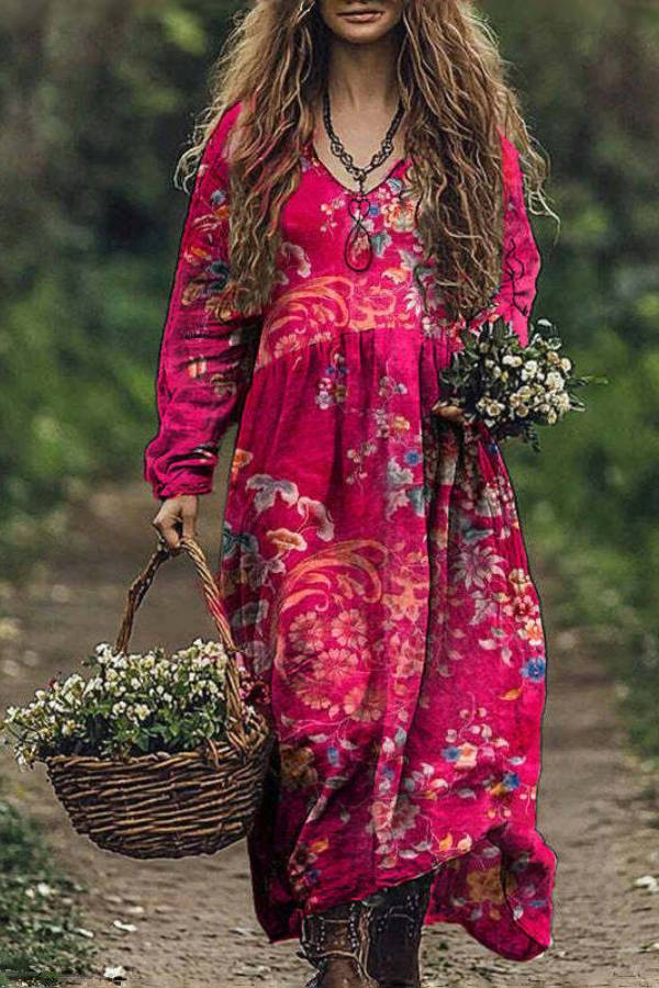 Loose and fashionable V-neck printed dress