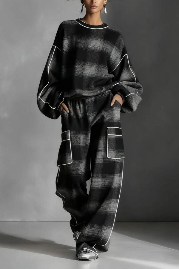 Black and Gray Plaid Color-blocked Sweatshirt and Casual Pants Two-piece set