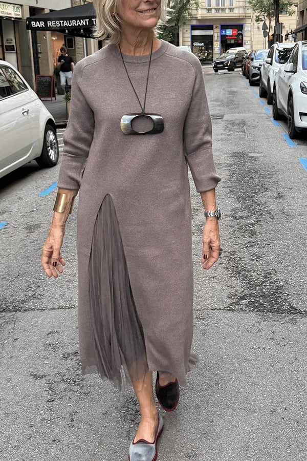 Jollie Knit Long Sleeve Front Slit Midi Sweater and Pleated Tulle Stretch Tank Midi Dress Two-piece Set