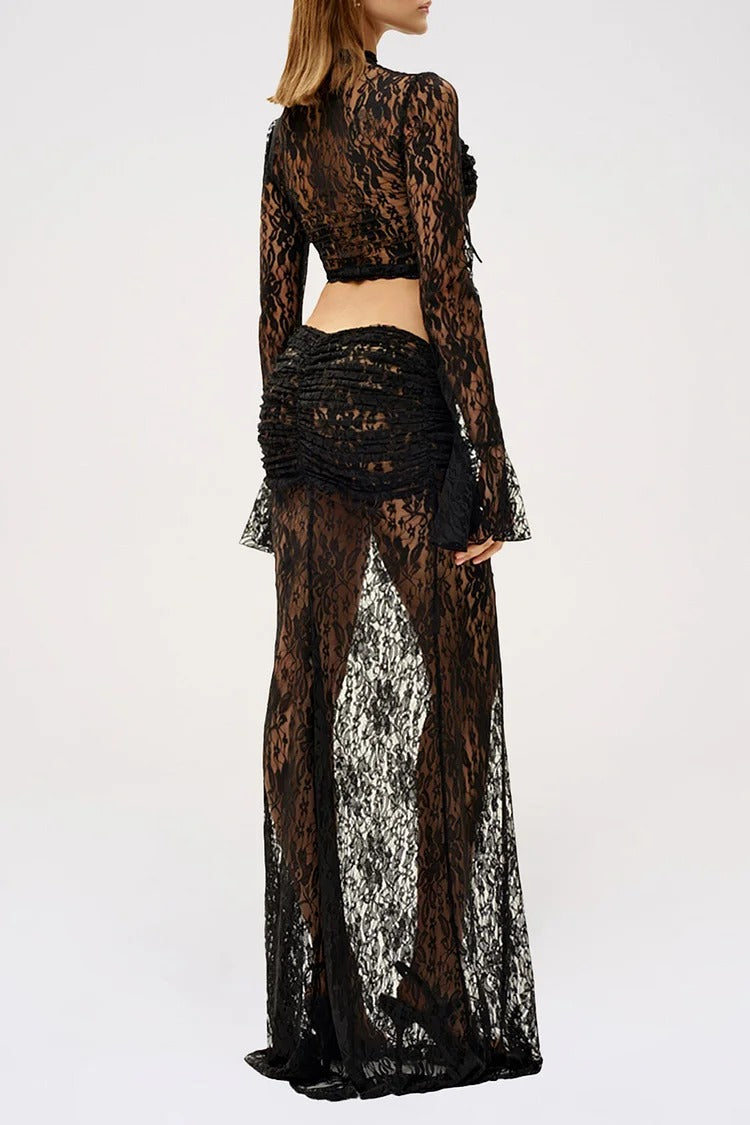 Long Sleeve Tie Up Crop Top Jacquard Lace Maxi Skirt Set