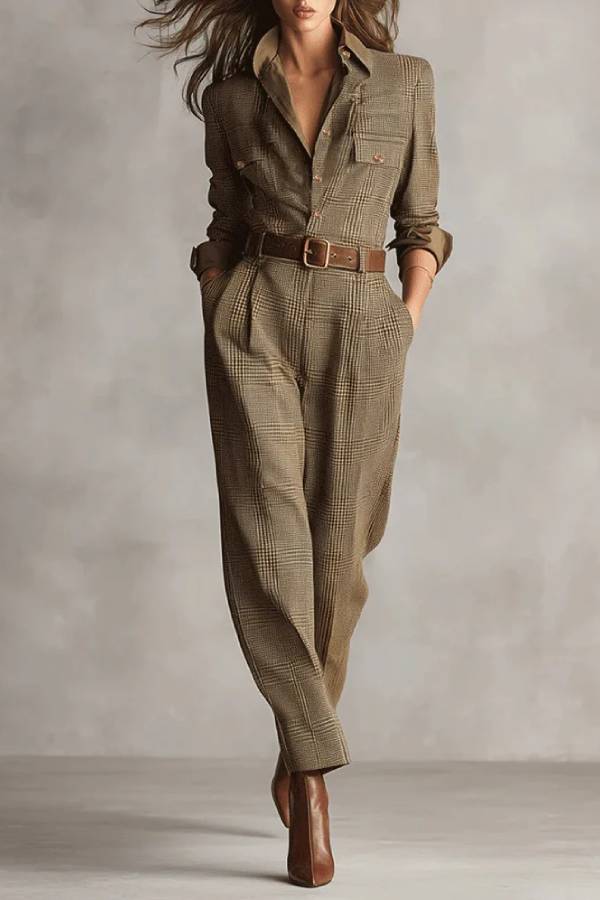 Brown Sophisticated Tweed Texture Plaid Utility Jumpsuit