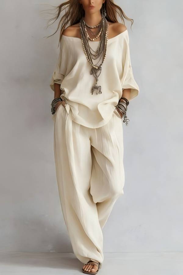 Off-Shoulder Loose Top + Elastic Waist Harem Pants Set