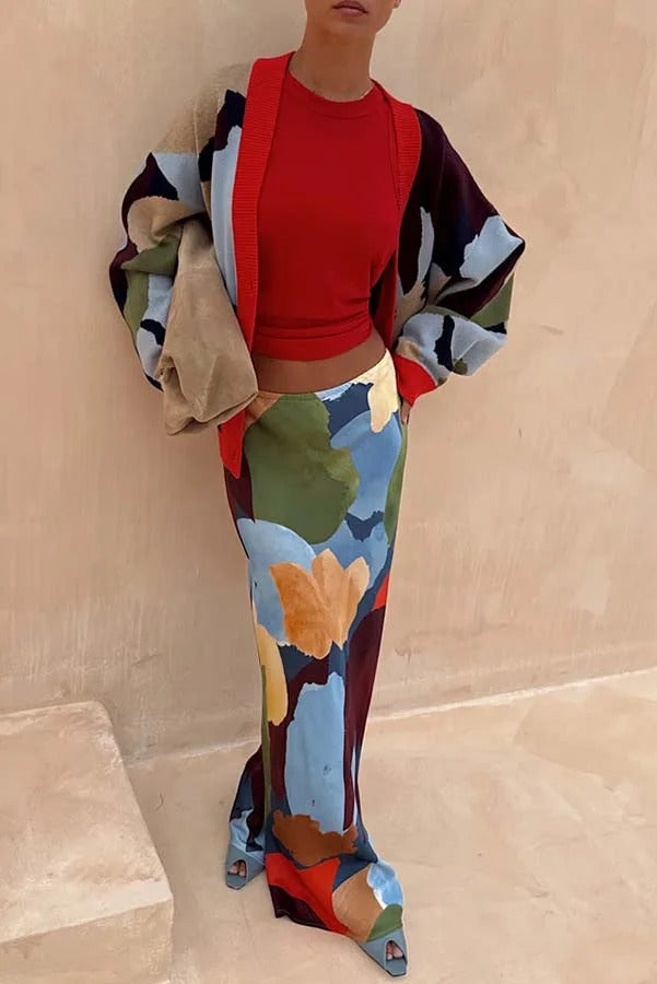 Bright and Bold Satin Abstract Color Blocks Print Elastic Waist Drape Maxi Skirt