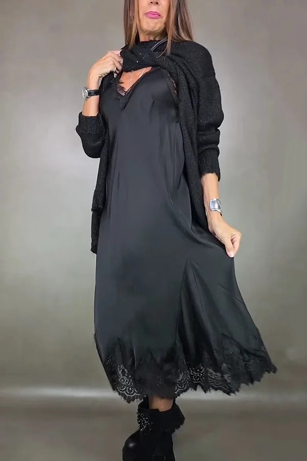 Fashionable V-neck Suspender Lace Splicing Casual Midi Dress