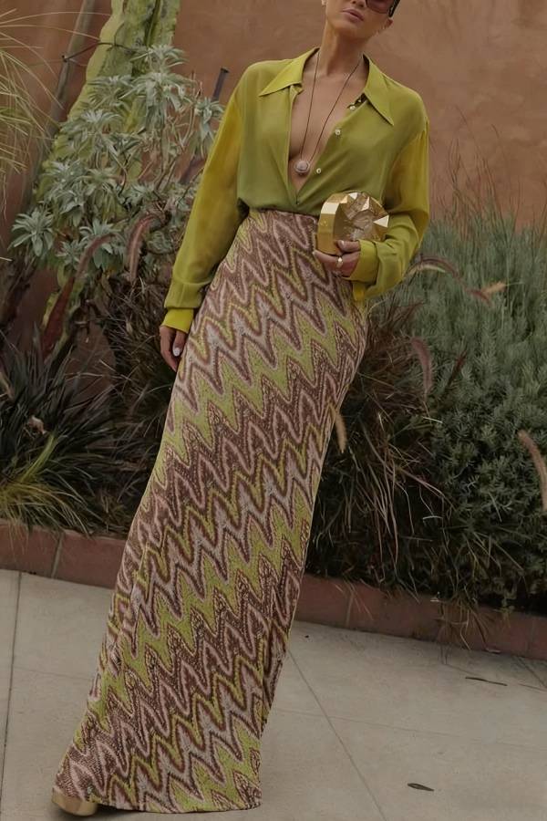 Moonlit Waltz Knit Jacquard Zigzag Print High Rise Stretch Flare Maxi Skirt