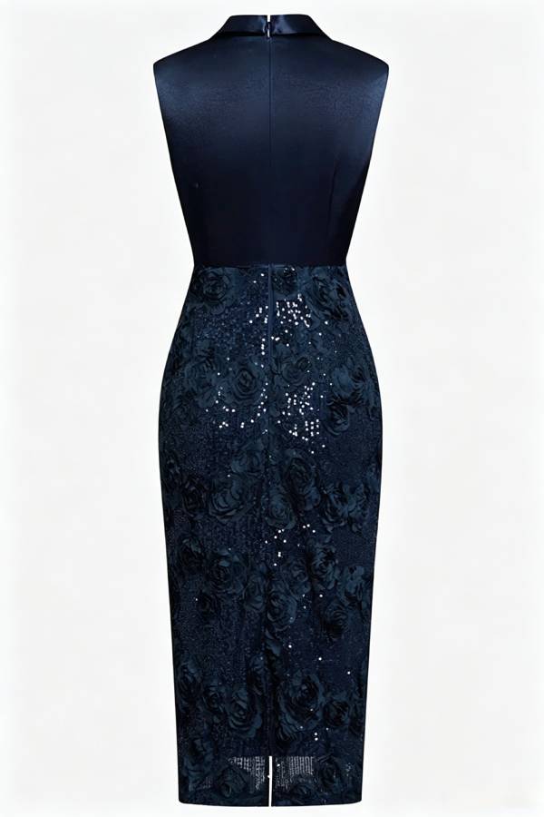 Isabele Satin Lapel V Neck Sleeveless 3D Floral Glitter Sequin Hem Sheath Midi Dress