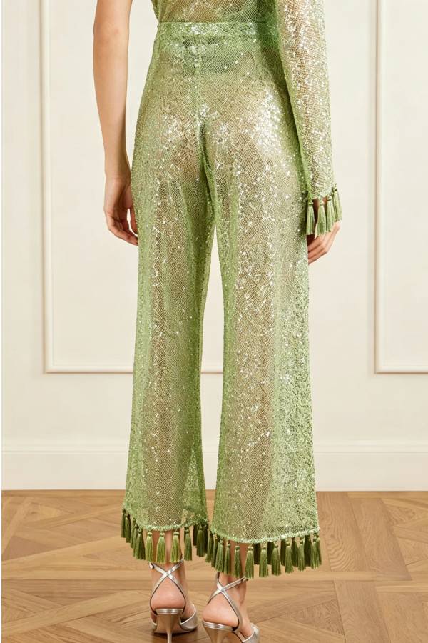 Reina Sequin Fringed Trim One Shoulder Bell Sleeve Top and High Rise Wide Leg Pants Set