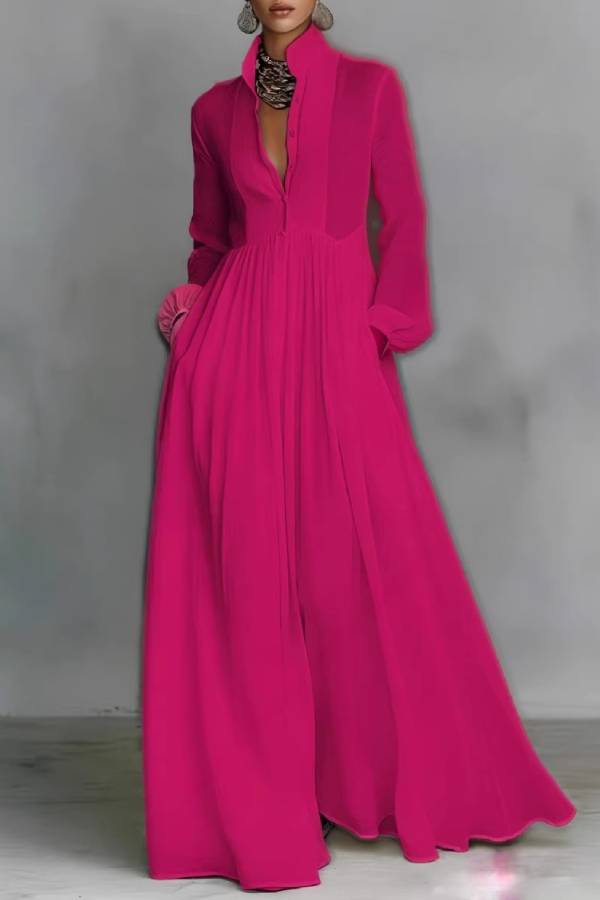 Stand Collar Sheer Pleated Long Sleeve Maxi Dress