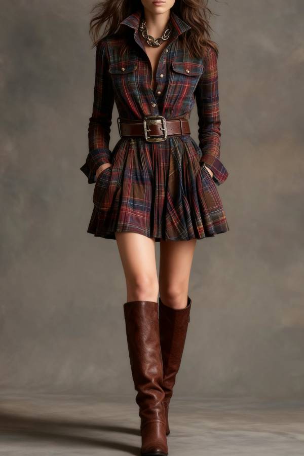 Vintage Lapel Red and Brown Plaid Mini Dress
