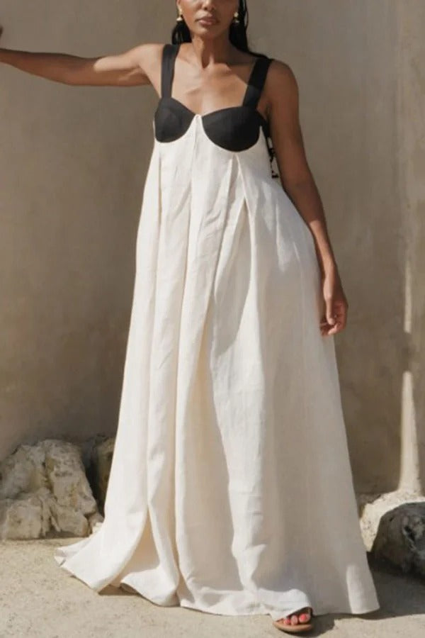 Jordina Linen Blend Colorblock Cups Backless Tie-up Loose Maxi Dress