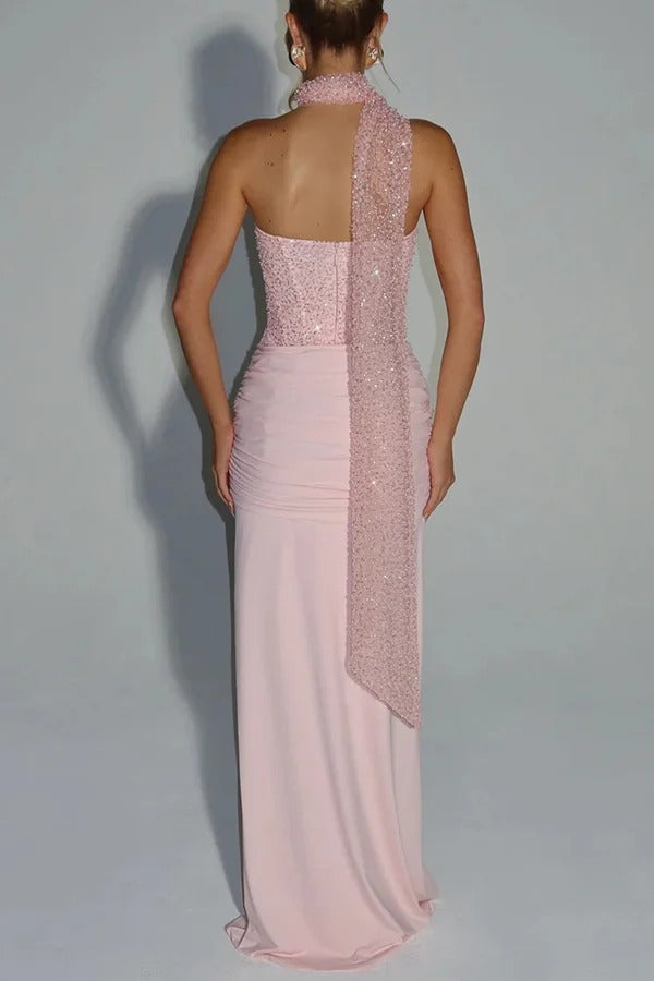 Carina Sequined and Satin Jersey Off Shoulder Ruched Knot Drape Maxi Dress