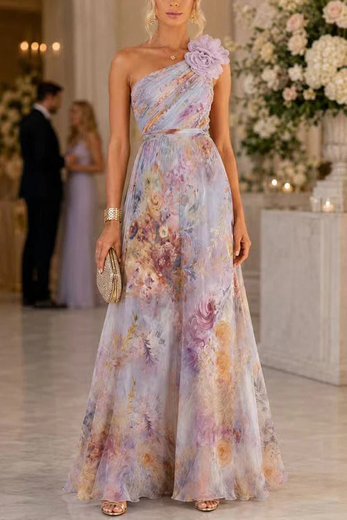 Verne Chiffon 3D Floral One Shoulder Pleated Sleeveless A-Line Gown Maxi Dress
