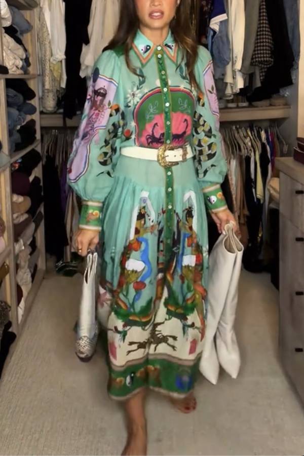 Staying In Capri Unique Print Balloon Sleeve Belt Shirt Midi Dress