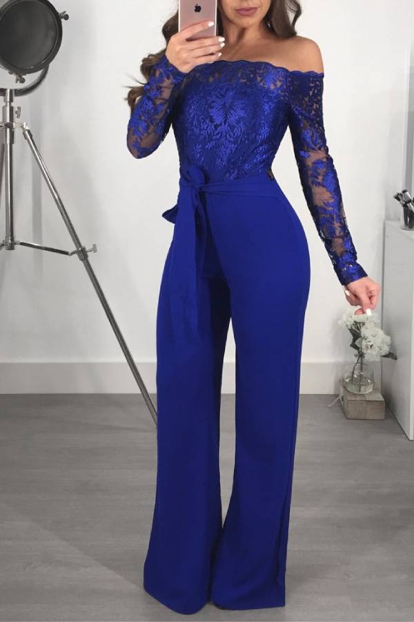 Off-the-shoulder lace wide-leg jumpsuit