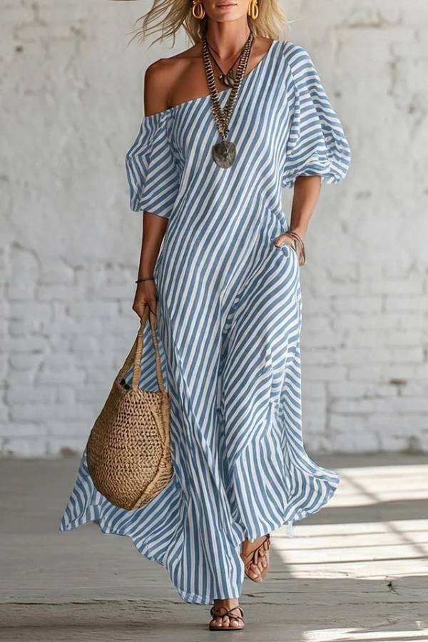 Asymmetric One-Shoulder Striped Maxi Dress
